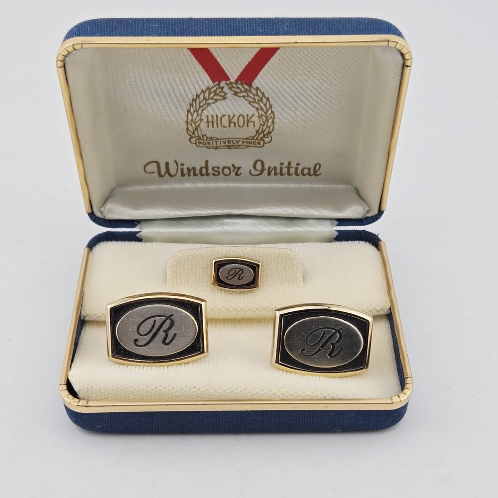 Vintage Hickok Windsor Initial R Cufflink and Tie Tack Set Gold Tone Boxed